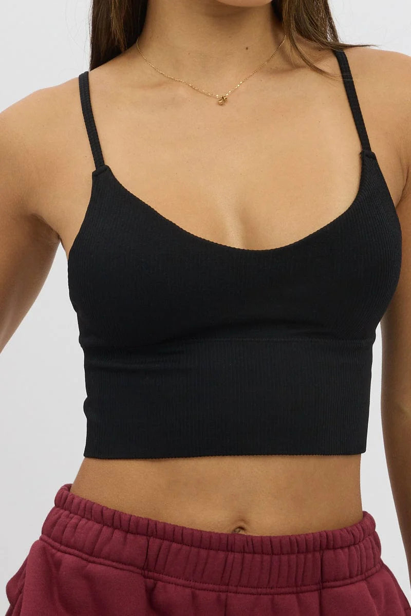 Black V Neck Cami Crop Top Seamless