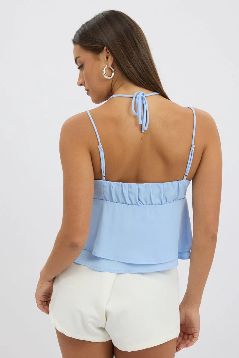 Blue Tie Front Cami Halter Neck Sleeveless