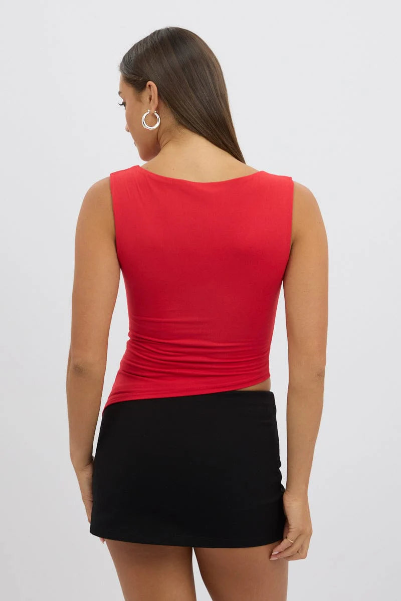 Red Sleeveless Top Asymmetric Hem
