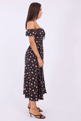 Black Ditsy Midi Dress Puff Sleeve