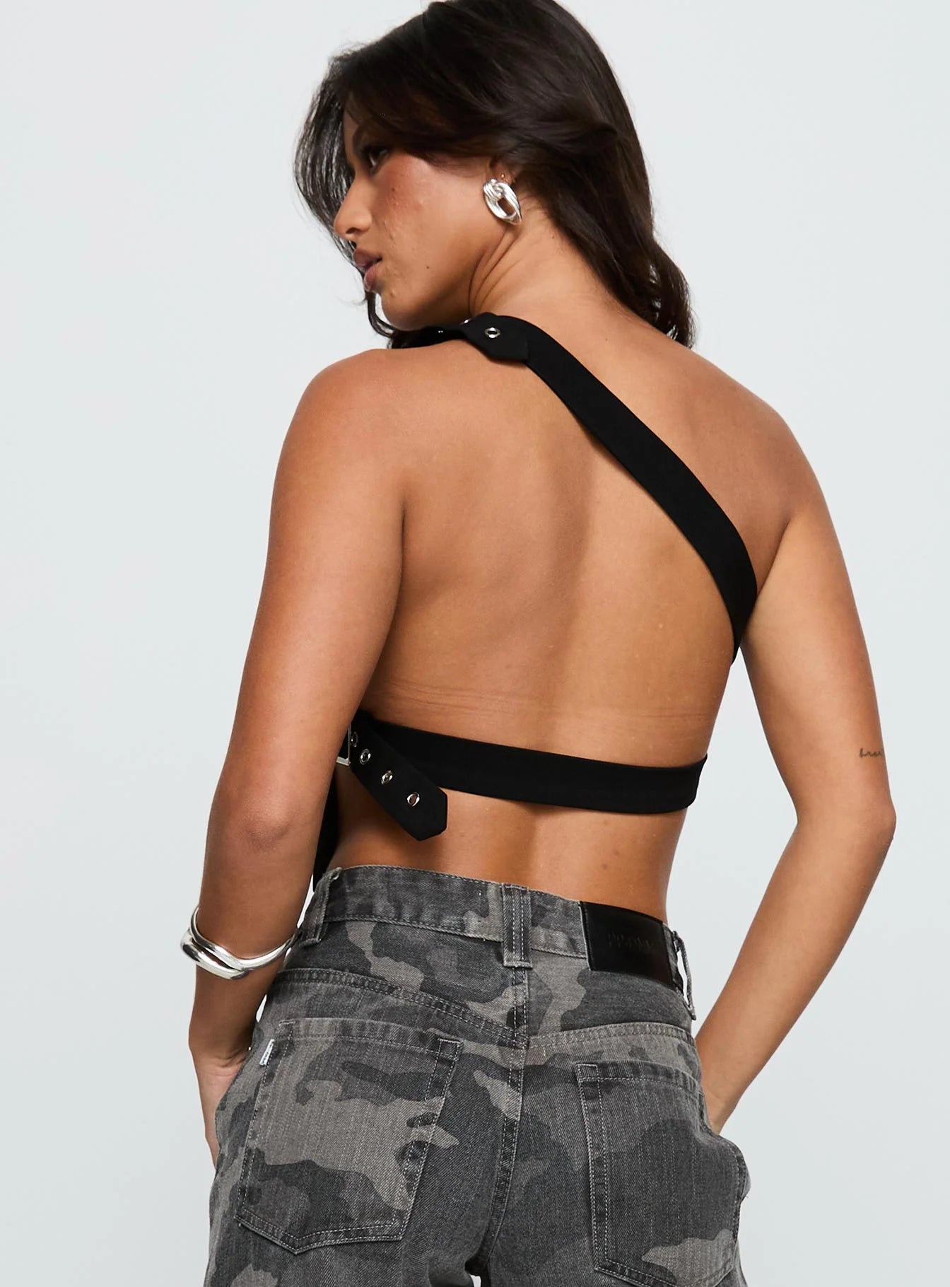 Buckled Down One Shoulder Top Black