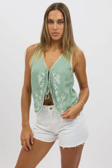 Green Linen Vest Sleeveless Embroidery